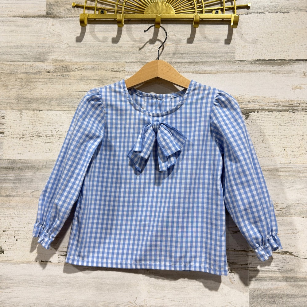The Beaufort Bonnet Company Blouse Girls 3T Blue Gingham Bow Preppy